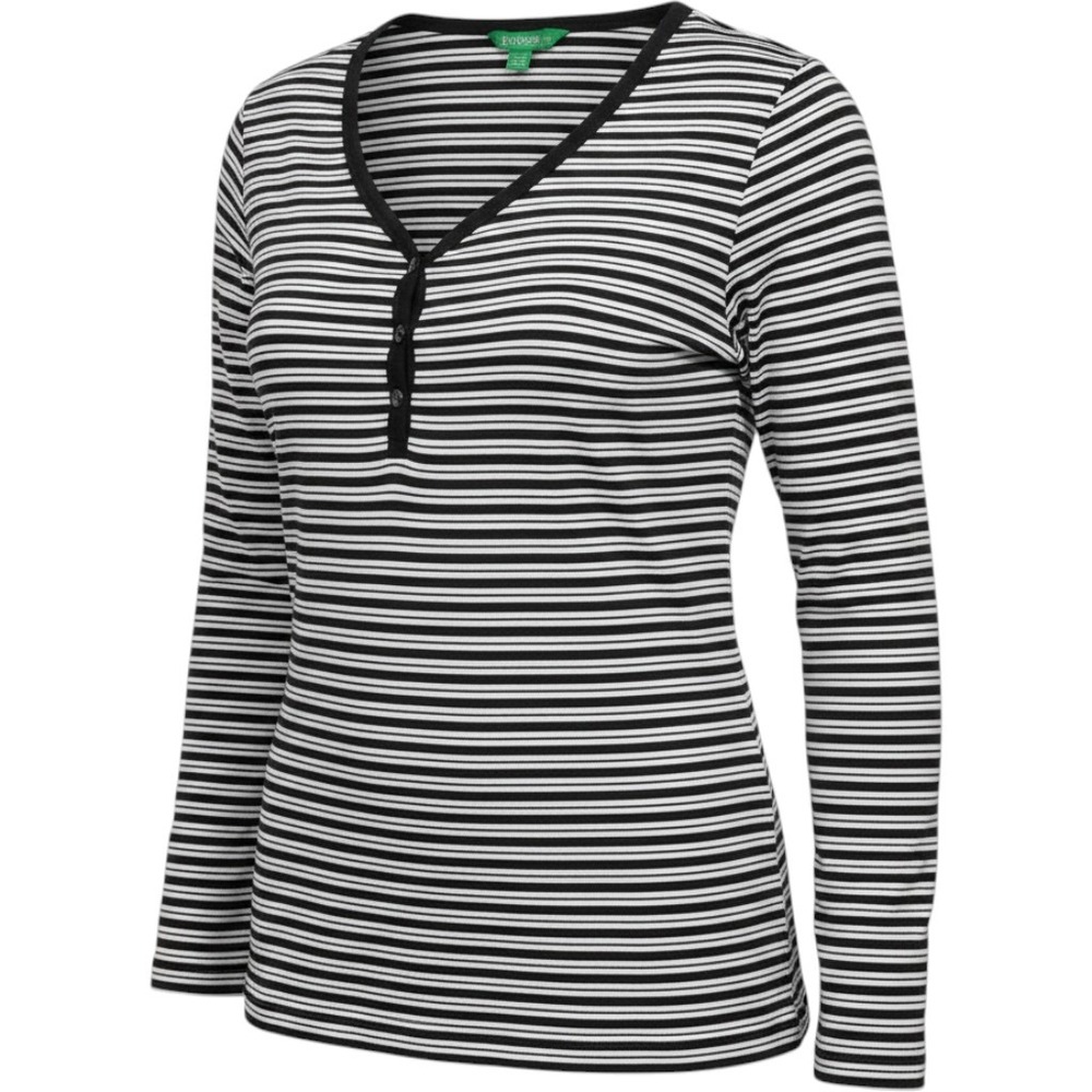 DIP Women's XL‎ Black White Striped Long Sleeve Henley Tunic Top